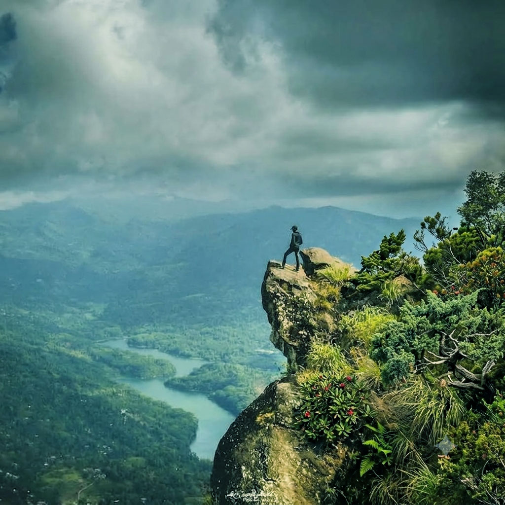 A hiker on a cliff overlooking a green valley