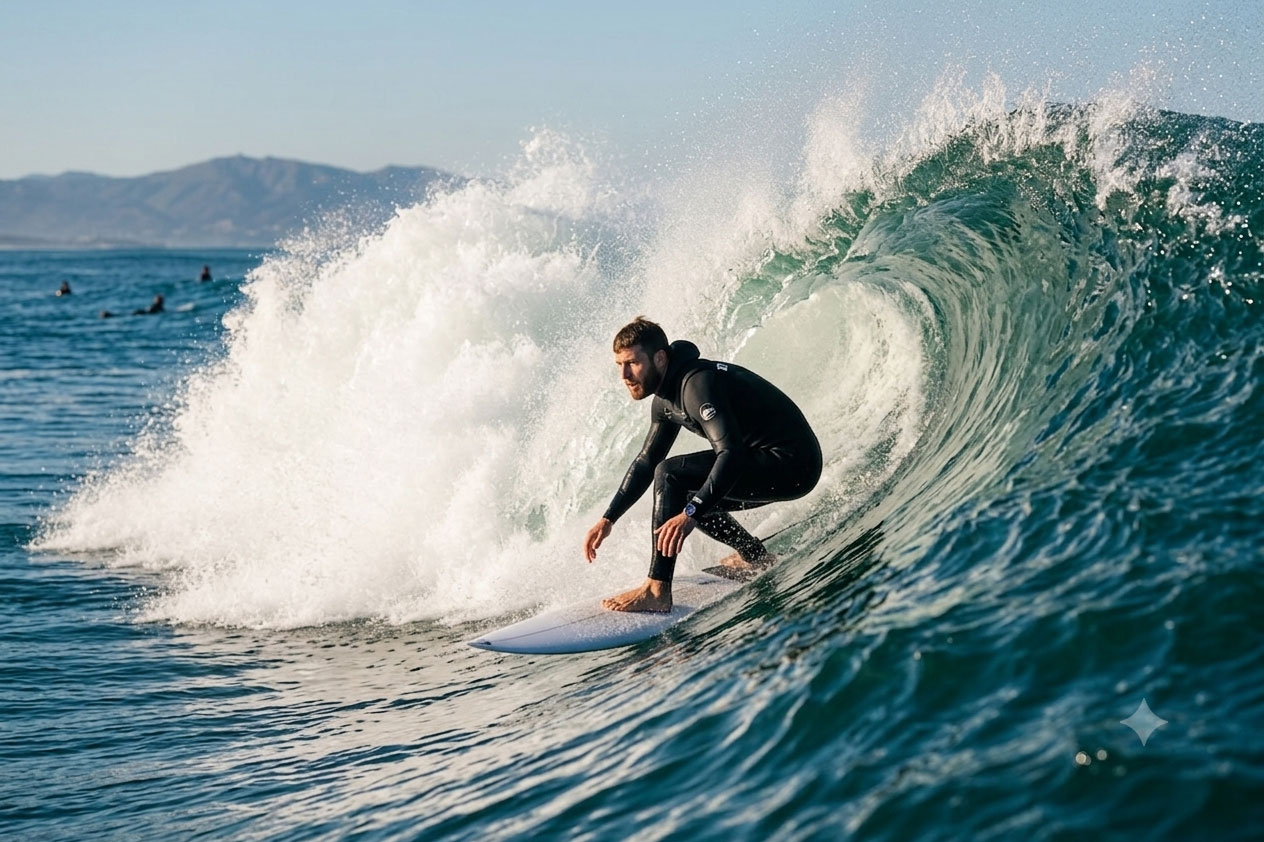 A surfer riding a wave off the Sri Lankan coast