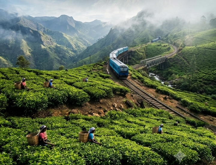 A train winding through green tea hills