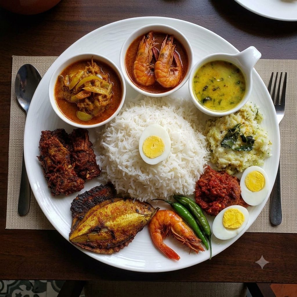 A colourful Sri Lankan rice and curry platter