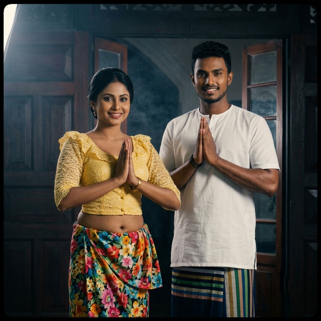 A Sri Lankan couple offering a traditional Ayubowan welcome